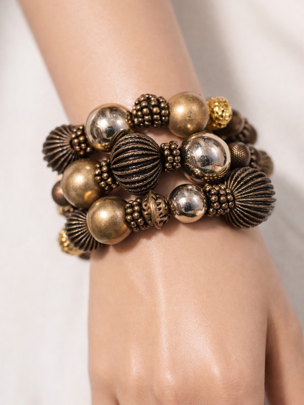 Gold Mixed Bead Wrap Coil Bracelet Layered Statement Fashion Jewelry Women